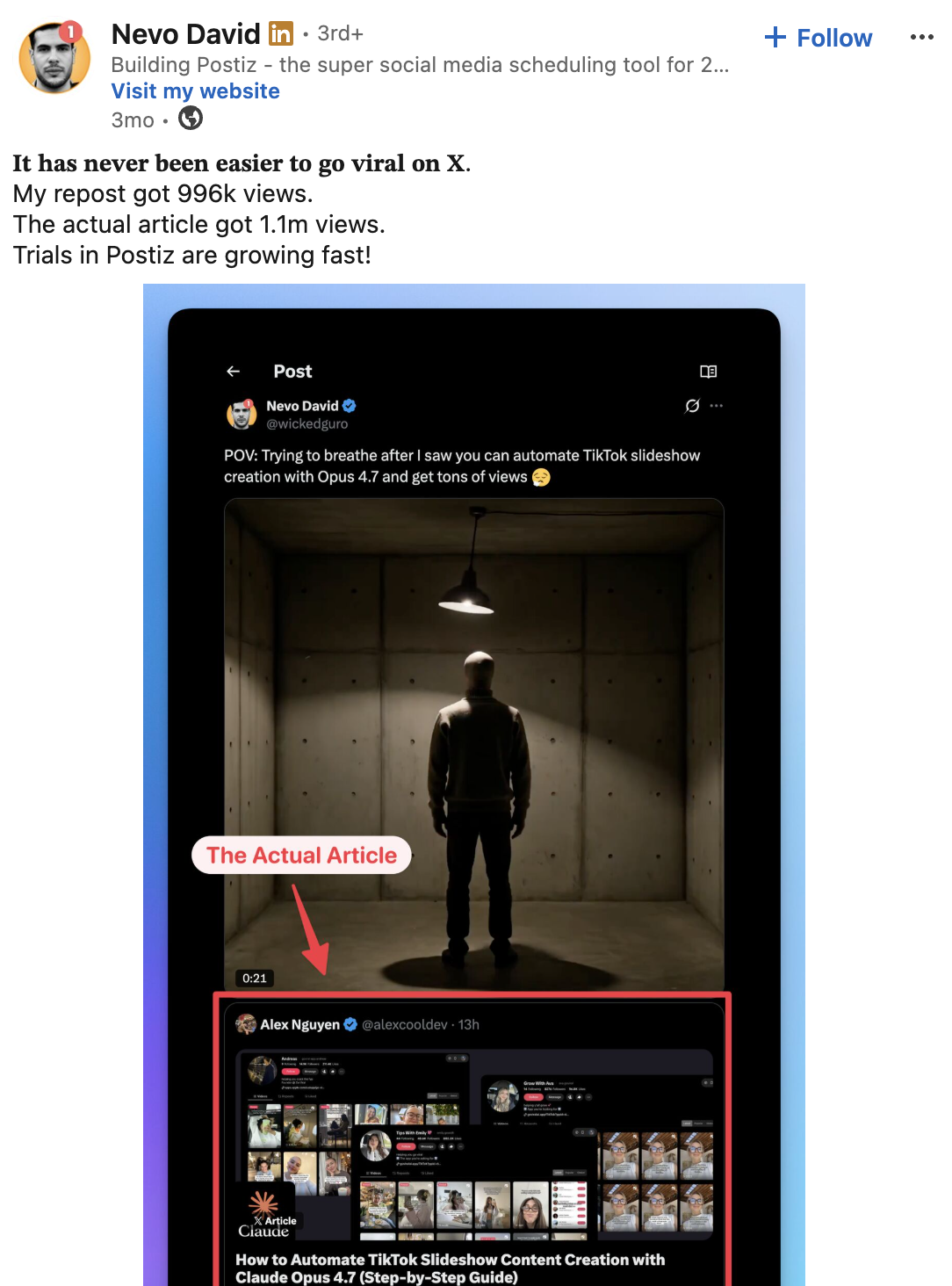 Пост Нево о просмотрах X Article и репоста