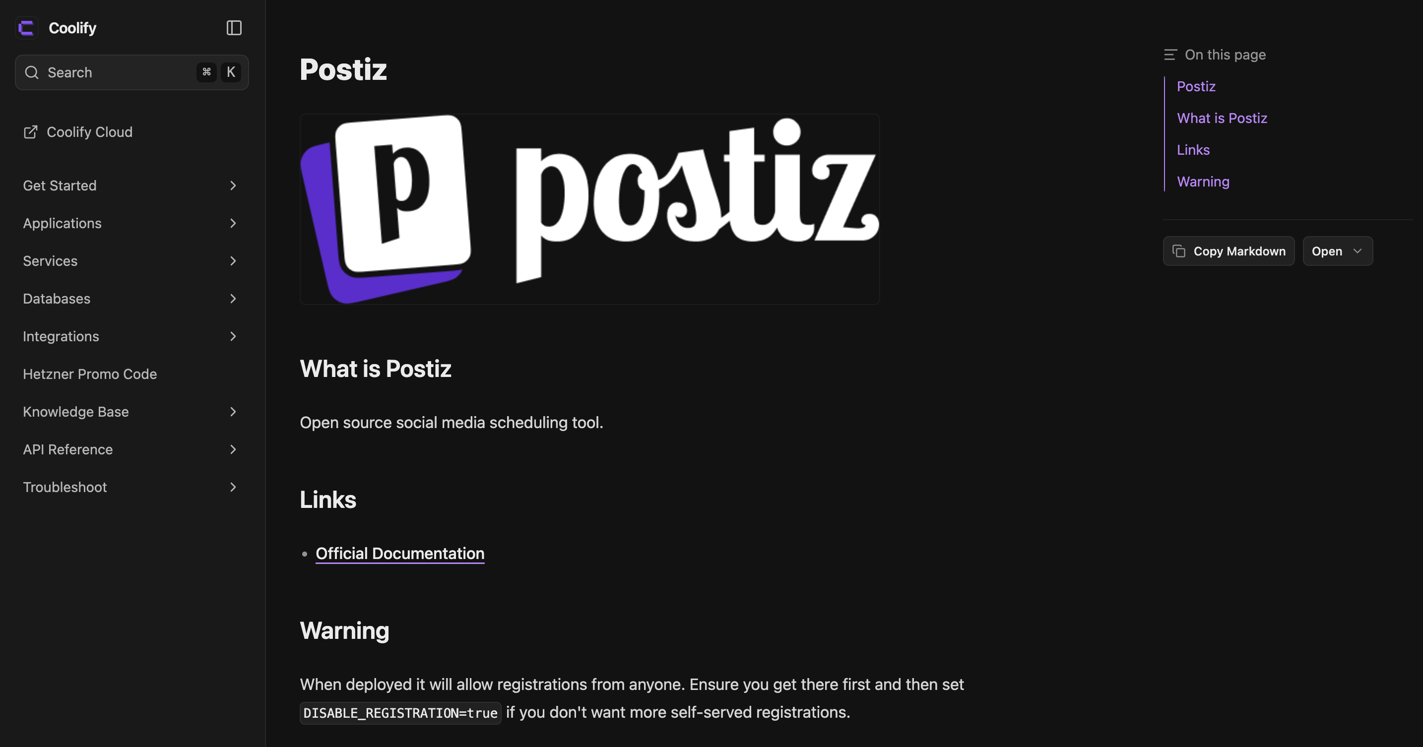 Postiz в списке one-click services Coolify