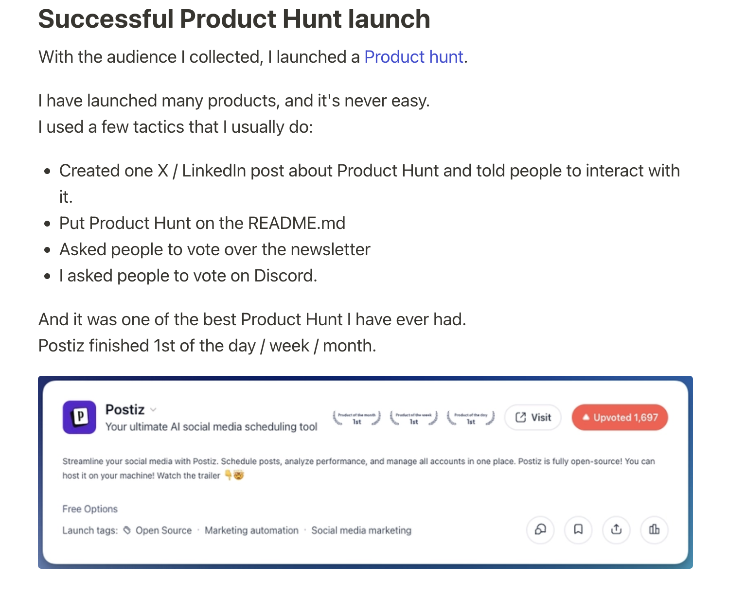 Список действий Postiz перед запуском на Product Hunt